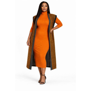 Orange Ribbed Midi Dress with Patterned Sleeveless Overlay